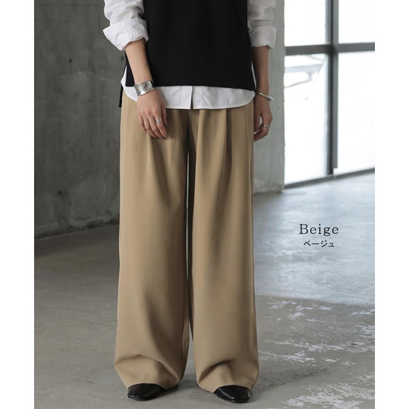 パンツ ワイドパンツ シワになりにくい レディース ボトムス ロング スラックス ロングパンツ タックパンツ ワイドパンツ ハイウエスト ウエストゴム 選べる丈 | HUG.U | 14