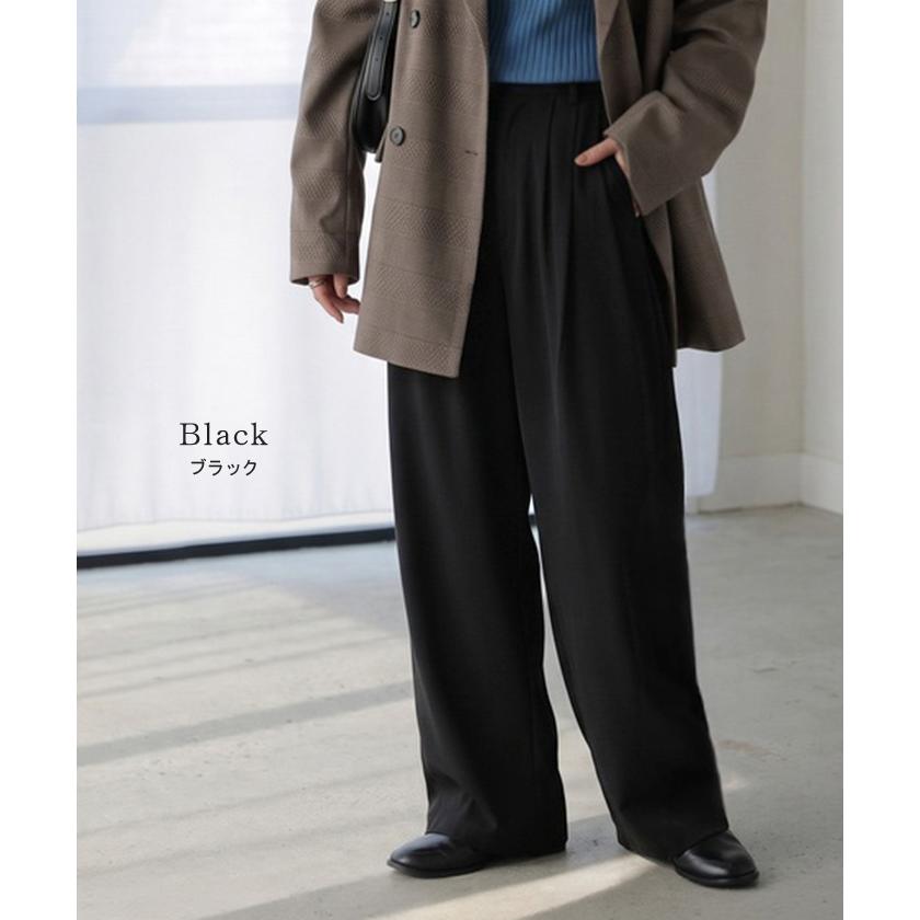 パンツ ワイドパンツ シワになりにくい レディース ボトムス ロング スラックス ロングパンツ タックパンツ ワイドパンツ ハイウエスト ウエストゴム 選べる丈 | HUG.U | 16