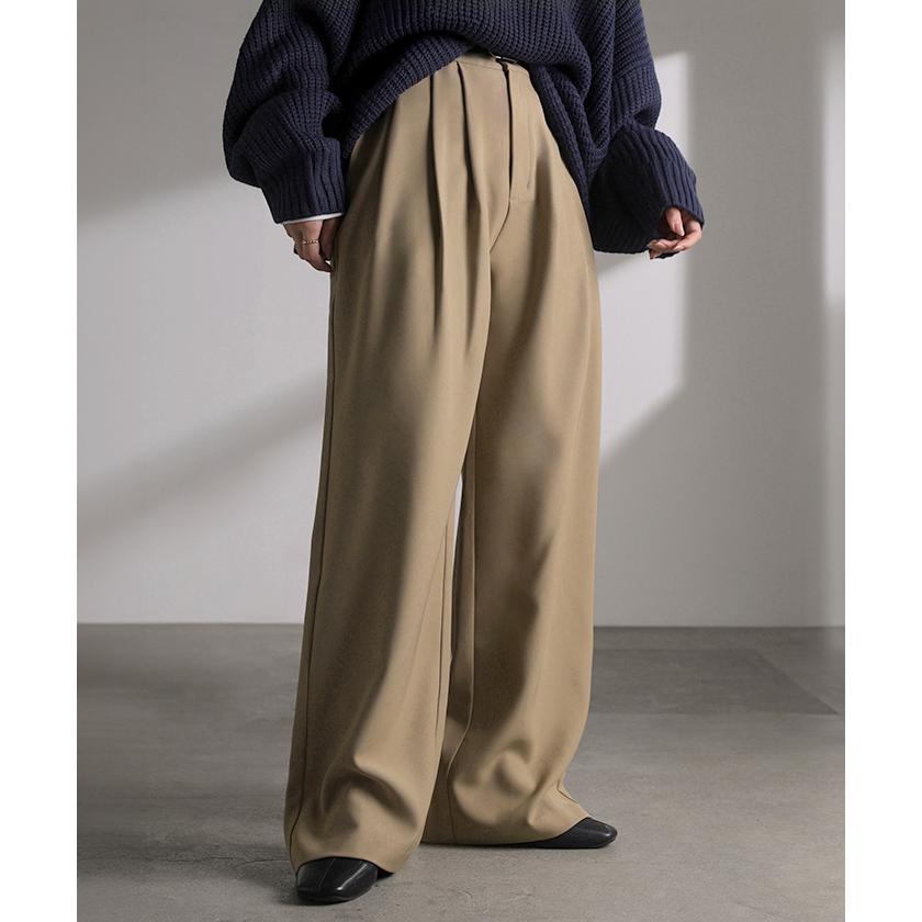パンツ ワイドパンツ シワになりにくい レディース ボトムス ロング スラックス ロングパンツ タックパンツ ワイドパンツ ハイウエスト ウエストゴム 選べる丈 | HUG.U | 07