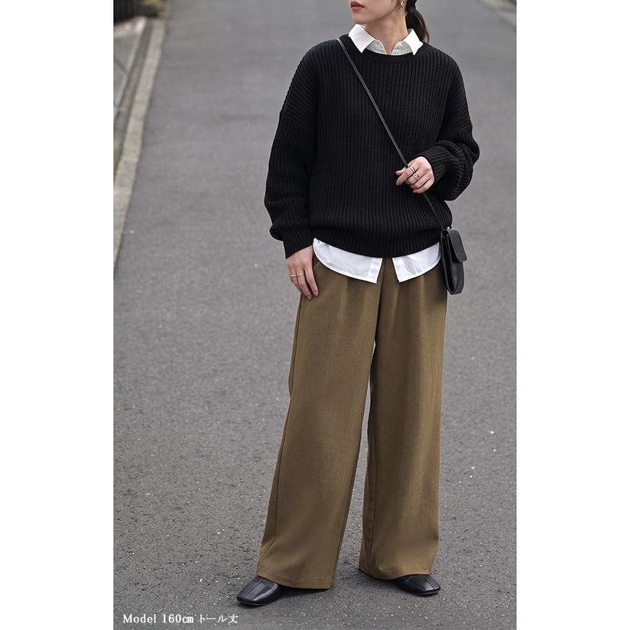 パンツ ワイド シャーリングゴム レディース ワイドパンツ ロング ボトムス スラックス ストレート ズボン ハイウエスト ウエストゴム ストレッチ | HUG.U | 21