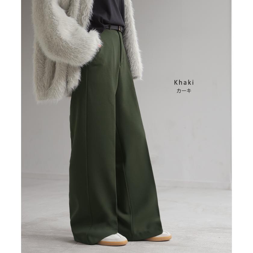 パンツ 裏起毛 ワイド レディース ワイドパンツ ボトムス ボトム シワになりにくい ストレート センタープレス ハイウエスト カットジョーゼット スラックス | HUG.U | 17