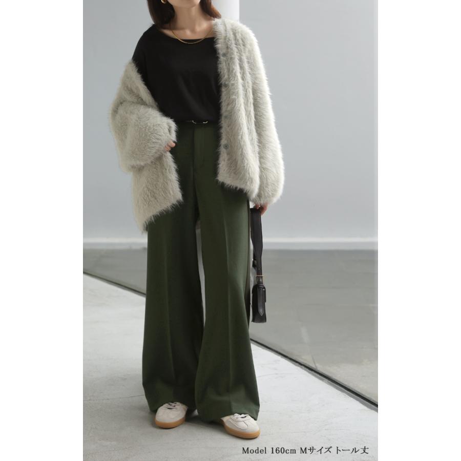 パンツ 裏起毛 ワイド レディース ワイドパンツ ボトムス ボトム シワになりにくい ストレート センタープレス ハイウエスト カットジョーゼット スラックス | HUG.U | 18
