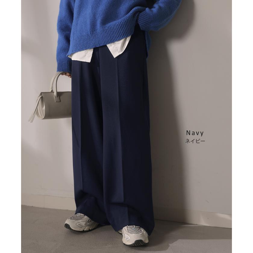 パンツ 裏起毛 ワイド レディース ワイドパンツ ボトムス ボトム シワになりにくい ストレート センタープレス ハイウエスト カットジョーゼット スラックス | HUG.U | 19