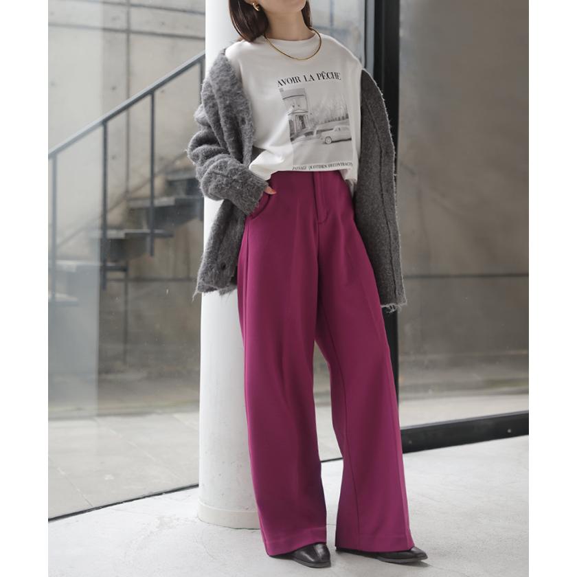 パンツ 裏起毛 ワイド レディース ワイドパンツ ボトムス ボトム シワになりにくい ストレート センタープレス ハイウエスト カットジョーゼット スラックス | HUG.U | 23