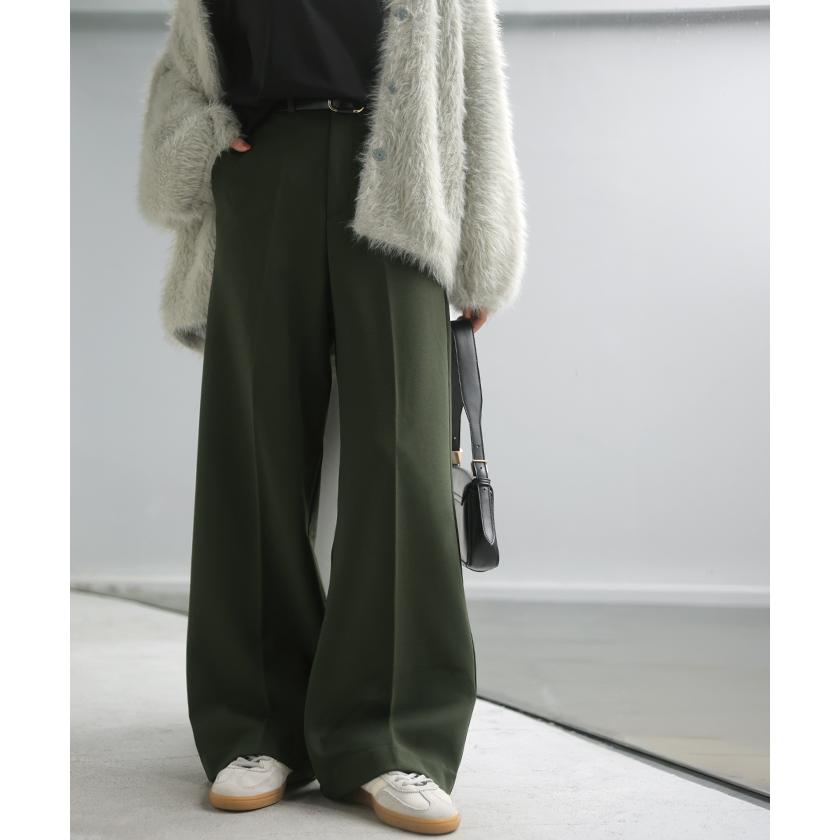 パンツ 裏起毛 ワイド レディース ワイドパンツ ボトムス ボトム シワになりにくい ストレート センタープレス ハイウエスト カットジョーゼット スラックス | HUG.U | 12