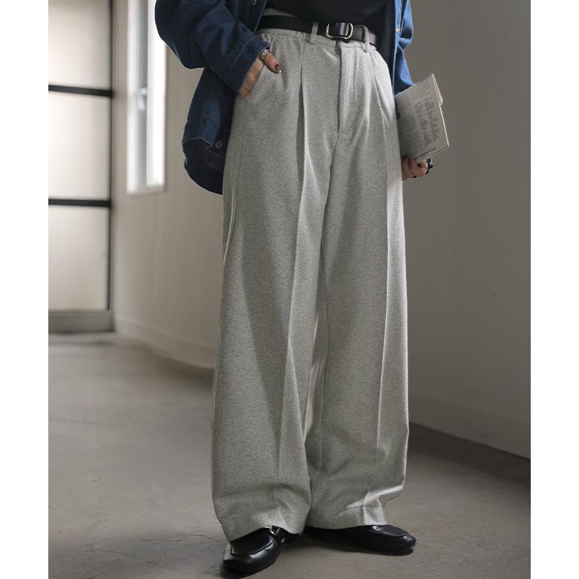 パンツ ワイド ヘリンボーン レディース ワイドパンツ ロング ロングパンツ 柄パンツ スラックス センタープレス 微起毛 ボトムス ストレート ハイウエスト | HUG.U | 20