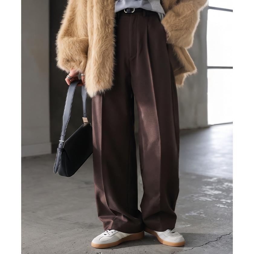 パンツ ワイド ヘリンボーン レディース ワイドパンツ ロング ロングパンツ 柄パンツ スラックス センタープレス 微起毛 ボトムス ストレート ハイウエスト | HUG.U | 07