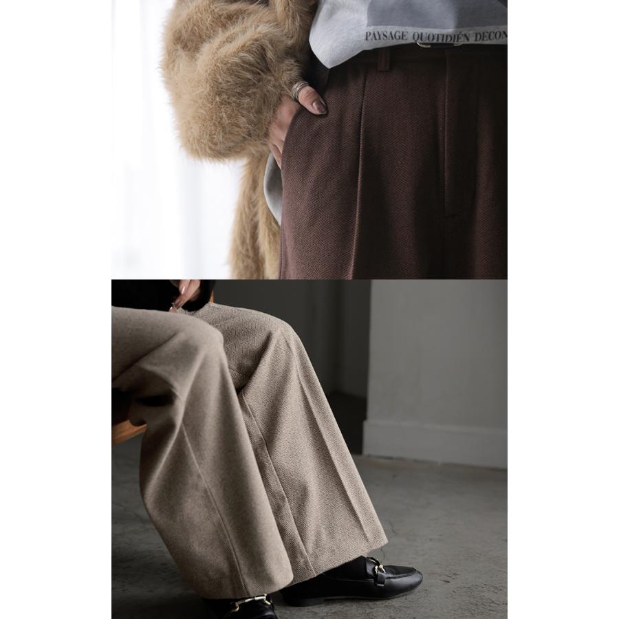 パンツ ワイド ヘリンボーン レディース ワイドパンツ ロング ロングパンツ 柄パンツ スラックス センタープレス 微起毛 ボトムス ストレート ハイウエスト | HUG.U | 10