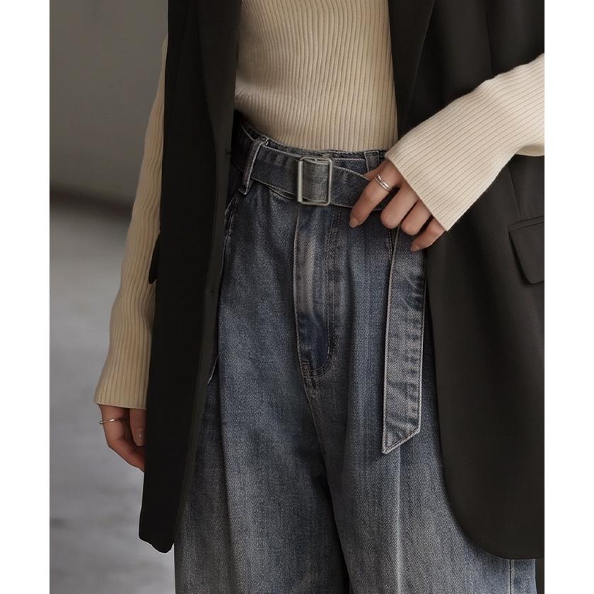 デニム パンツ バレルレッグ レディース ボトムス ワイドパンツ ジーパン デニムパンツ ベルト付き ウエストゴム ロング ロングパンツ ワイド ステッチ | HUG.U | 17