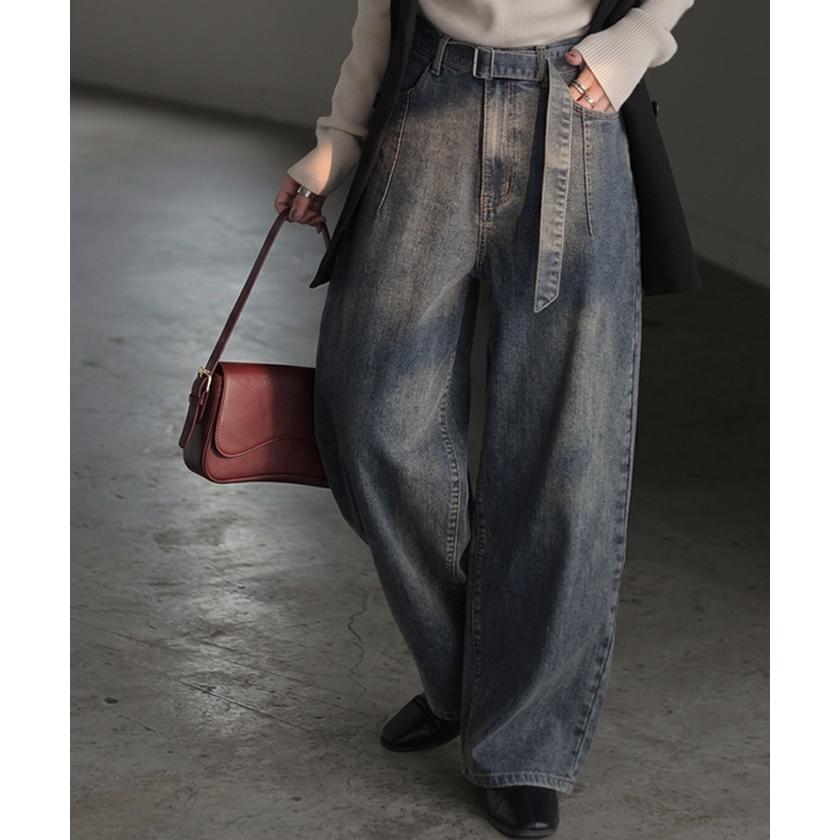 デニム パンツ バレルレッグ レディース ボトムス ワイドパンツ ジーパン デニムパンツ ベルト付き ウエストゴム ロング ロングパンツ ワイド ステッチ | HUG.U | 07