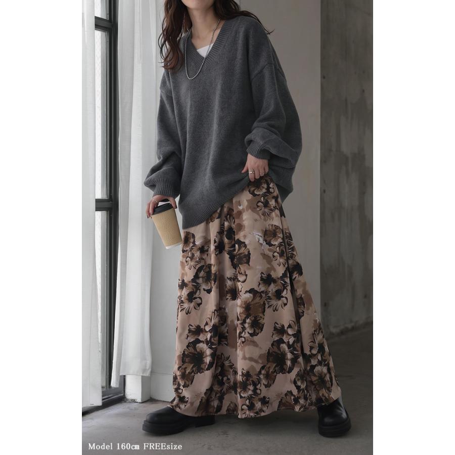 スカート 花柄 レディース ボトムス ロングスカート ロング フレアスカート フレア 総柄 大花柄 フラワー プリント Aライン ギャザー ハイウエスト ウエストゴム | HUG.U | 05