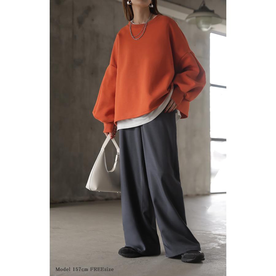 ロンT Tシャツ以上スウェット未満 ポンチ レディース トップス カットソー Tシャツ プルオーバー 長袖 無地 ショート丈 ストレッチ ボリュームスリーブ | HUG.U | 16