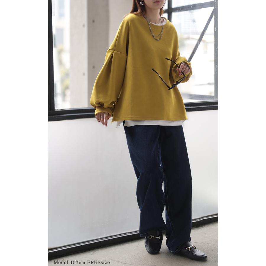 ロンT Tシャツ以上スウェット未満 ポンチ レディース トップス カットソー Tシャツ プルオーバー 長袖 無地 ショート丈 ストレッチ ボリュームスリーブ | HUG.U | 20