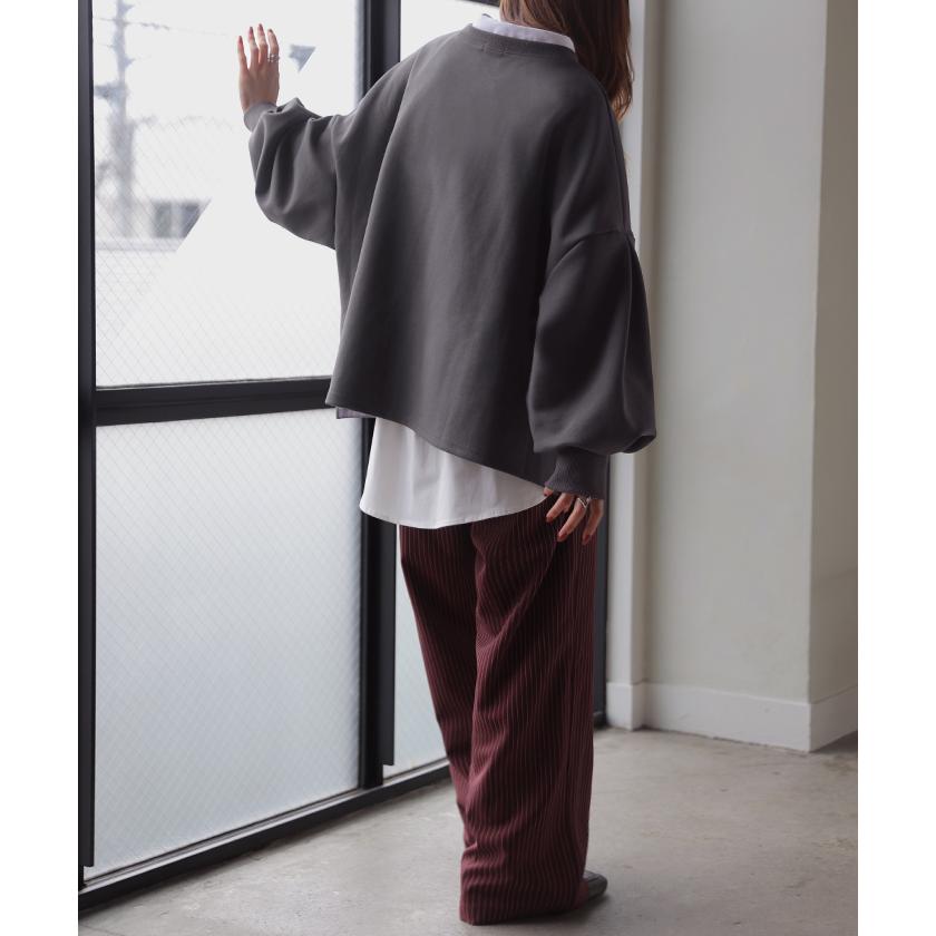 ロンT Tシャツ以上スウェット未満 ポンチ レディース トップス カットソー Tシャツ プルオーバー 長袖 無地 ショート丈 ストレッチ ボリュームスリーブ | HUG.U | 24
