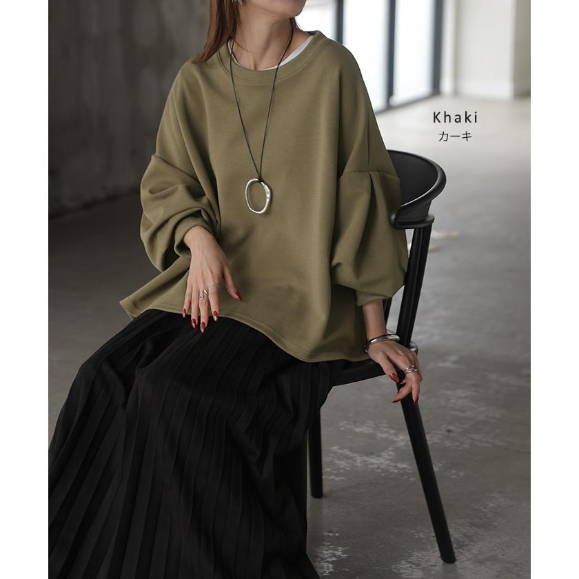 ロンT Tシャツ以上スウェット未満 ポンチ レディース トップス カットソー Tシャツ プルオーバー 長袖 無地 ショート丈 ストレッチ ボリュームスリーブ | HUG.U | 25