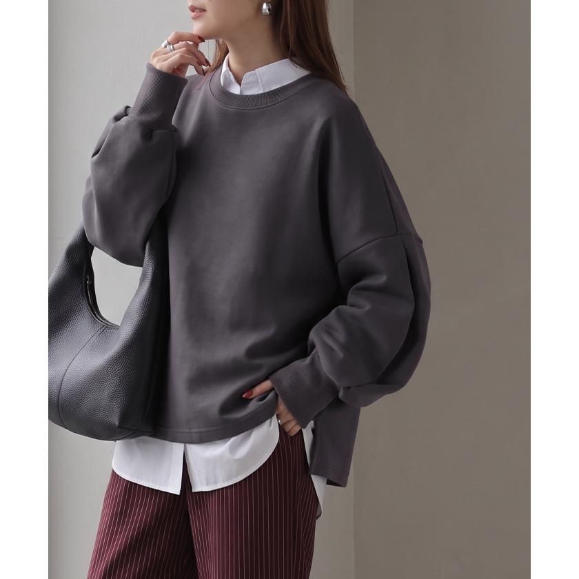 ロンT Tシャツ以上スウェット未満 ポンチ レディース トップス カットソー Tシャツ プルオーバー 長袖 無地 ショート丈 ストレッチ ボリュームスリーブ | HUG.U | 10