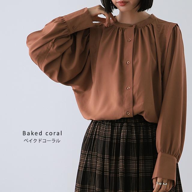 トップス ブラウス レディース バンドカラー ノーカラー チュニック ギャザー | HUG.U | 18