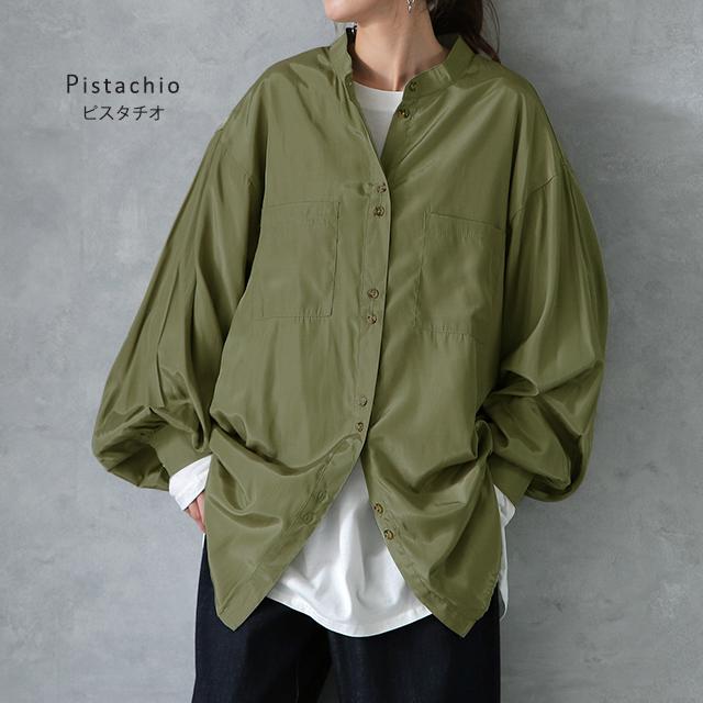 シャツ レディース ノーカラー トップス サテン ブラウス ロング 光沢 | HUG.U | 15