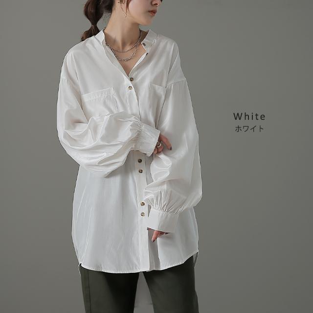 シャツ レディース ノーカラー トップス サテン ブラウス ロング 光沢 | HUG.U | 17