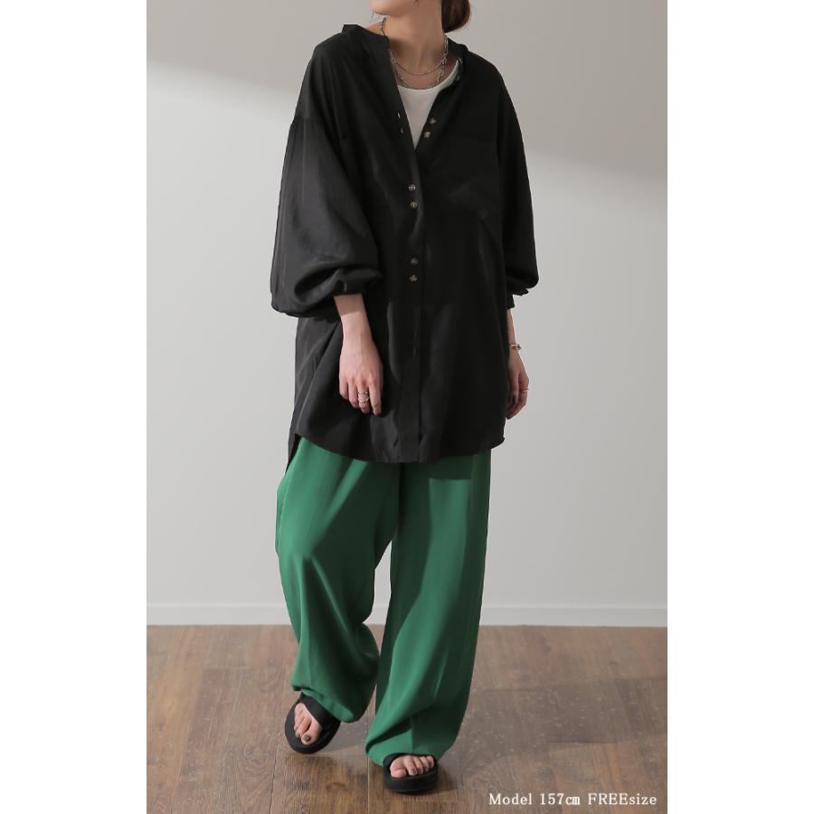 シャツ レディース ノーカラー トップス サテン ブラウス ロング 光沢 | HUG.U | 19