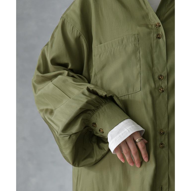 シャツ レディース ノーカラー トップス サテン ブラウス ロング 光沢 | HUG.U | 20