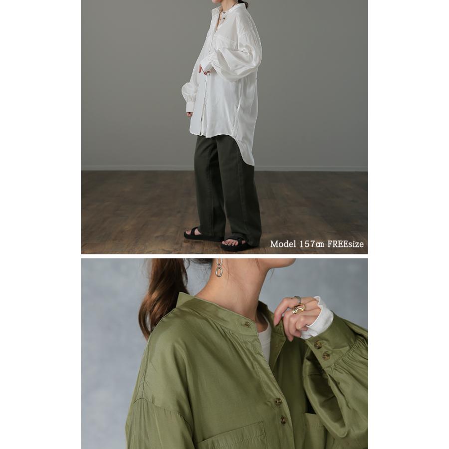 シャツ レディース ノーカラー トップス サテン ブラウス ロング 光沢 | HUG.U | 07