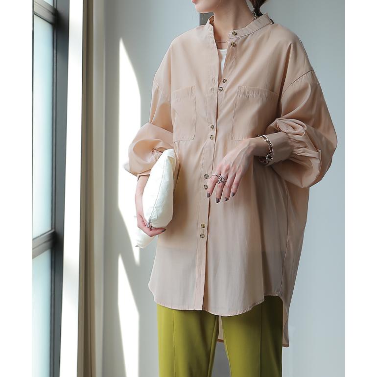 シャツ レディース ノーカラー トップス サテン ブラウス ロング 光沢 | HUG.U | 08