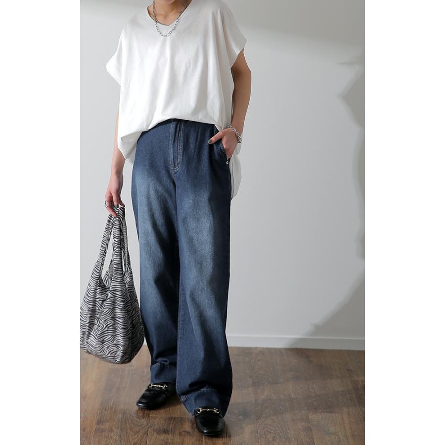 デニムパンツ レディース 綿100% 快適 ワイドパンツ ストレート デニム ボトムス ハイウエスト ゴム | HUG.U | 16