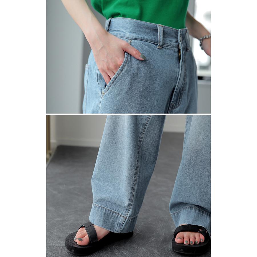 デニムパンツ レディース 綿100% 快適 ワイドパンツ ストレート デニム ボトムス ハイウエスト ゴム | HUG.U | 09
