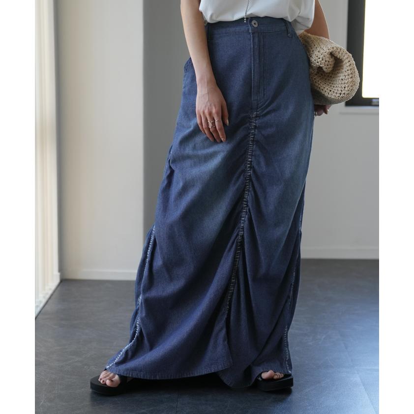 デニム スカート 綿100 シャーリングスカート デニムスカート ロングスカート ロング フレア | HUG.U | 19