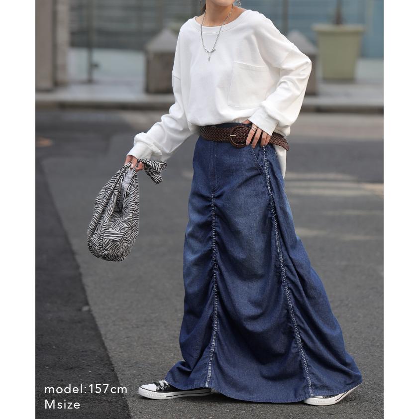 デニム スカート 綿100 シャーリングスカート デニムスカート ロングスカート ロング フレア | HUG.U | 05