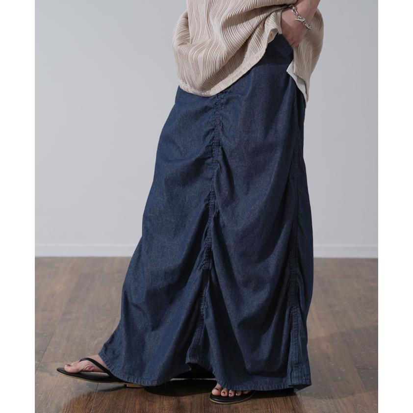 デニム スカート 綿100 シャーリングスカート デニムスカート ロングスカート ロング フレア | HUG.U | 06