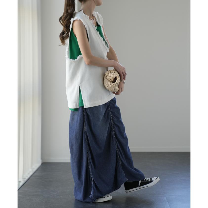 デニム スカート 綿100 シャーリングスカート デニムスカート ロングスカート ロング フレア | HUG.U | 08