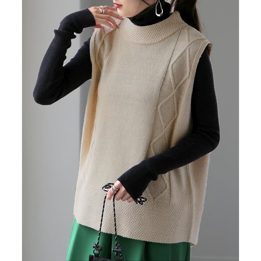 ベスト レディース トップス ニット ケーブル編み セーター ハイネック レイヤード | HUG.U | 08