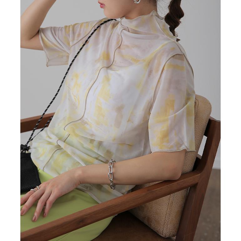 トップス レディース シアー 半袖 柄 レイヤード インナー マーブル 大理石 シースルー ハイネック タイダイ | HUG.U | 19
