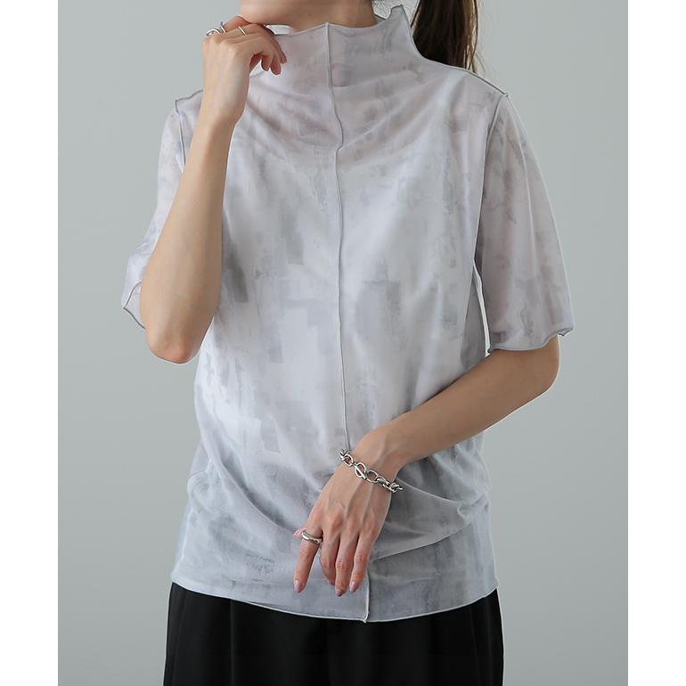 トップス レディース シアー 半袖 柄 レイヤード インナー マーブル 大理石 シースルー ハイネック タイダイ | HUG.U | 07