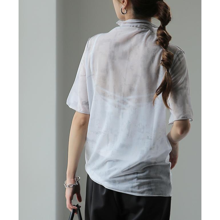 トップス レディース シアー 半袖 柄 レイヤード インナー マーブル 大理石 シースルー ハイネック タイダイ | HUG.U | 11