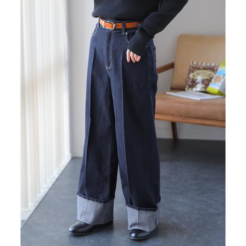 デニム パンツ レディース デニムパンツ ロールアップ ストレッチ ワイドパンツ ワイド 脚長 ハイウエスト ボトムス ストレート | HUG.U | 07