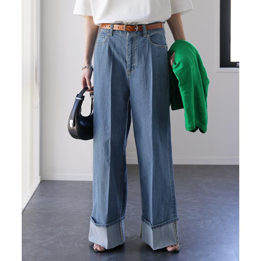 デニム パンツ レディース デニムパンツ ロールアップ ストレッチ ワイドパンツ ワイド 脚長 ハイウエスト ボトムス ストレート | HUG.U | 07