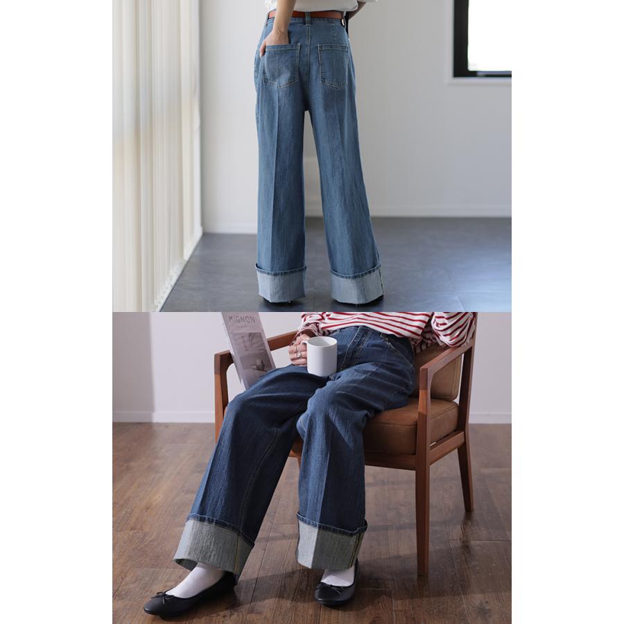 デニム パンツ レディース デニムパンツ ロールアップ ストレッチ ワイドパンツ ワイド 脚長 ハイウエスト ボトムス ストレート | HUG.U | 09