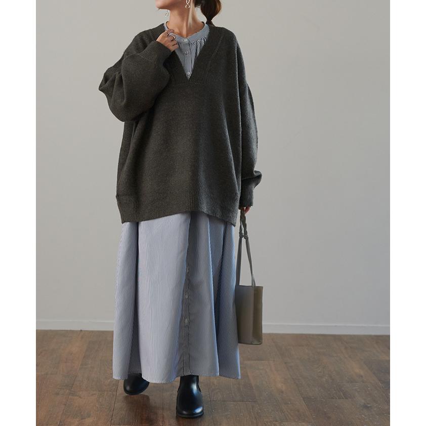 ニット レディース トップス レイヤード Vネック セーター 長袖 お尻が隠れる ゆったり 体型カバー モヘア 2411sl | HUG.U | 20