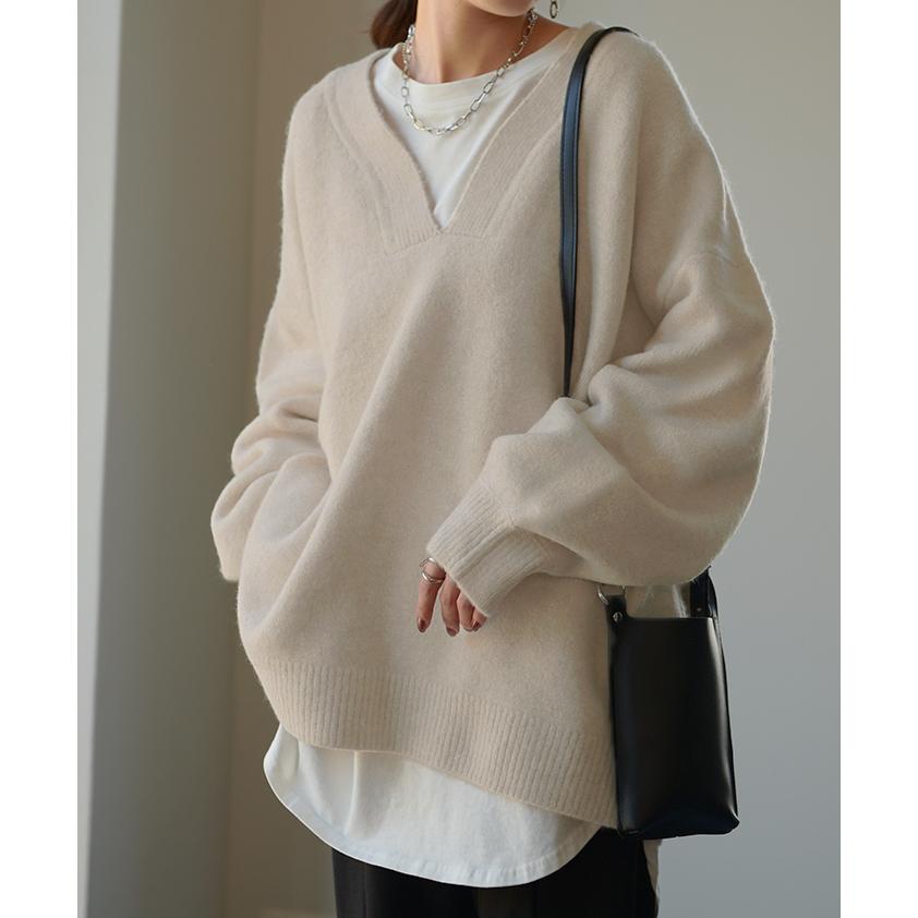 ニット レディース トップス レイヤード Vネック セーター 長袖 お尻が隠れる ゆったり 体型カバー モヘア 2411sl | HUG.U | 07