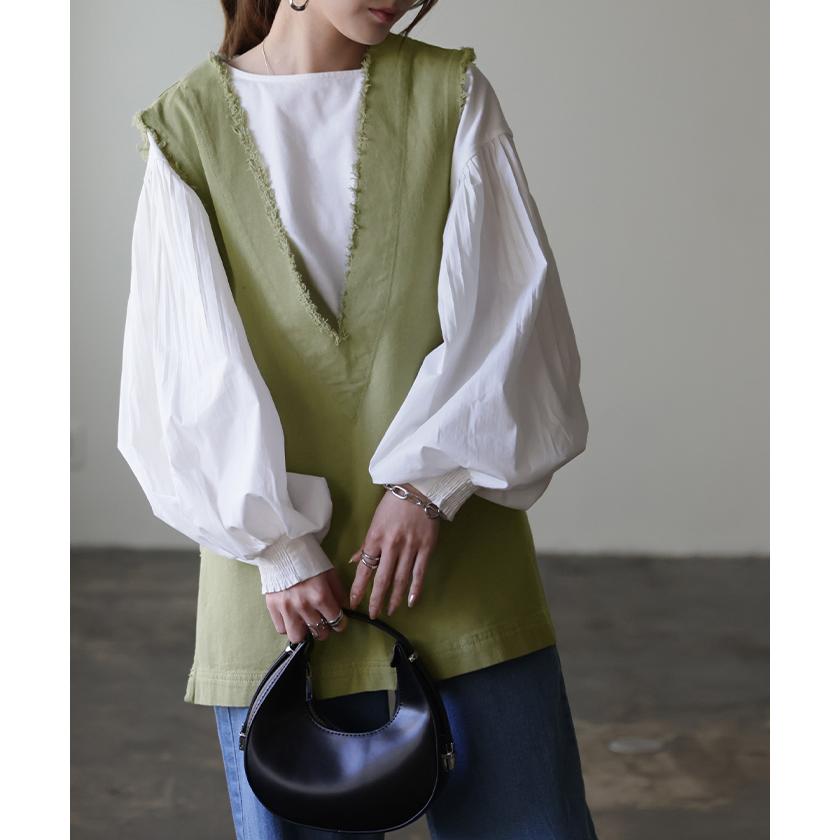 ベスト レディース トップス ジレ フリンジ レイヤード 綿 チュニック Vネック 体型カバー | HUG.U | 18