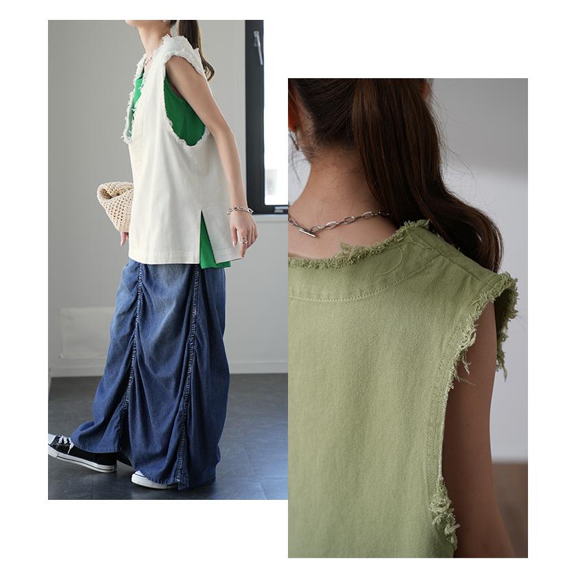 HUG.U ベスト レディース トップス ジレ フリンジ レイヤード 綿