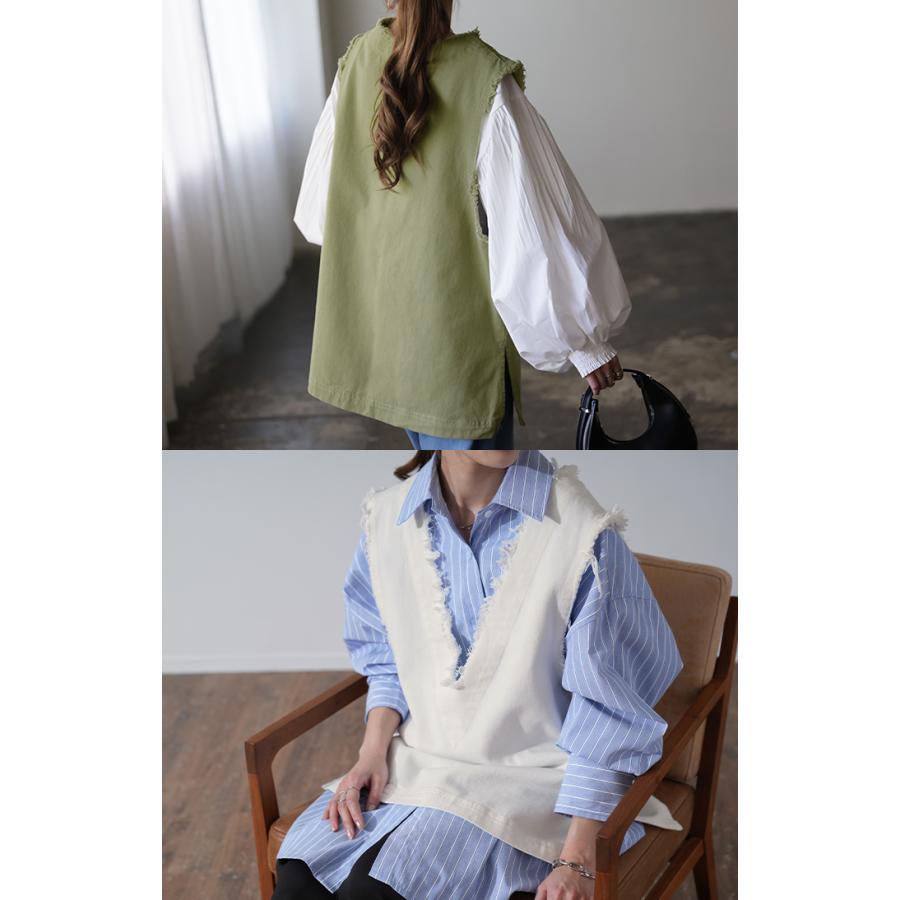 ベスト レディース トップス ジレ フリンジ レイヤード 綿 チュニック Vネック 体型カバー | HUG.U | 09