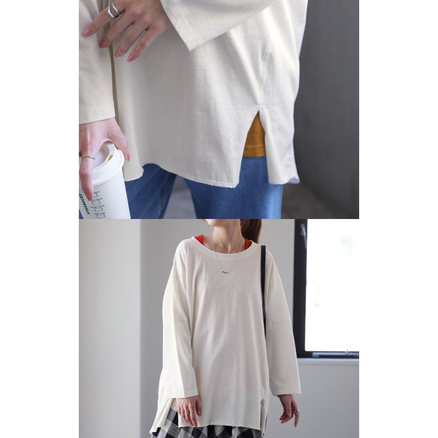 カットソー レディース トップス ロンT 長袖 Tシャツ 薄手 チュニック 綿 オーバーサイズ 無地 Uネック 体型カバー | HUG.U | 17