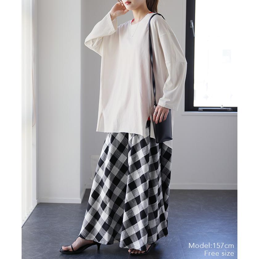 カットソー レディース トップス ロンT 長袖 Tシャツ 薄手 チュニック 綿 オーバーサイズ 無地 Uネック 体型カバー | HUG.U | 05