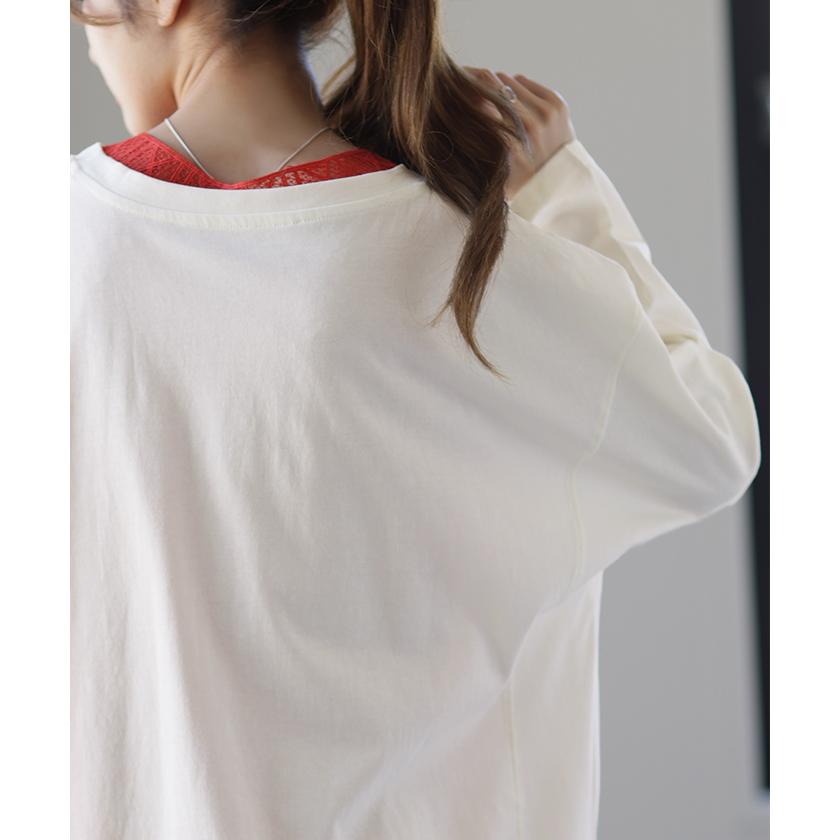 カットソー レディース トップス ロンT 長袖 Tシャツ 薄手 チュニック 綿 オーバーサイズ 無地 Uネック 体型カバー | HUG.U | 06