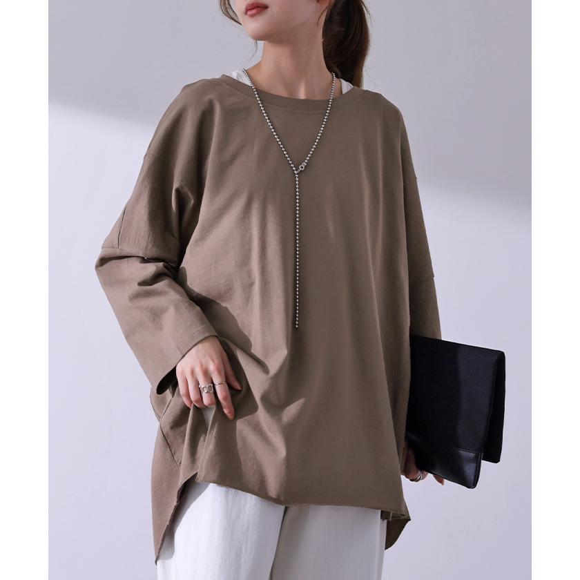 カットソー レディース トップス ロンT 長袖 Tシャツ 薄手 チュニック 綿 オーバーサイズ 無地 Uネック 体型カバー | HUG.U | 07