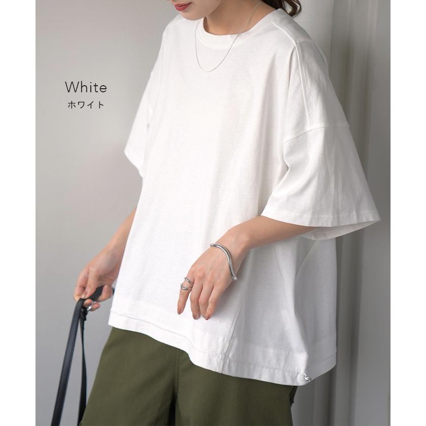 Tシャツ レディース トップス 綿 コットン 裾絞り 体型カバー 半袖 オーバーサイズ チュニック ドロスト 二の腕カバー 無地 Uネック | HUG.U | 18